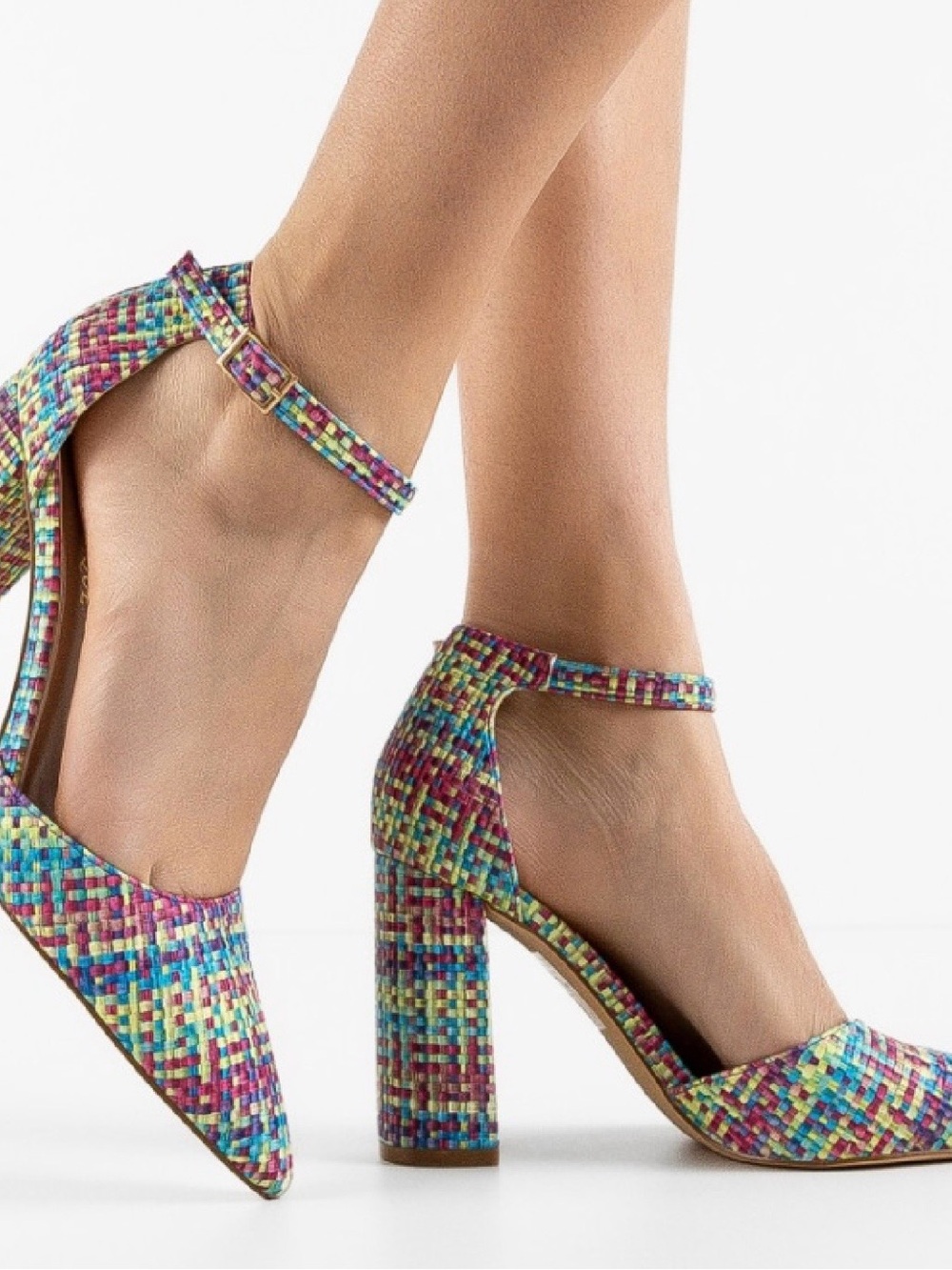Sami Italian Made Multi Colorful Woven Ankle-Strap Block Heel Pumps